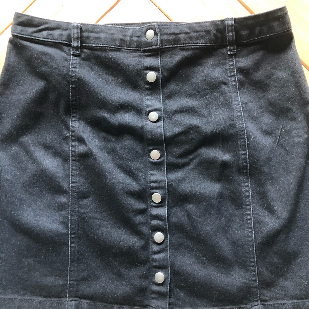 trendy black denim, button skirt